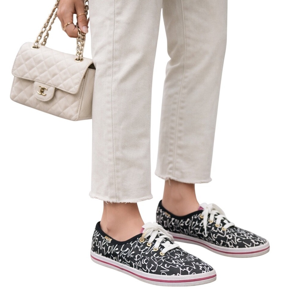 Keds x Kate Spade Love Print Sneakers Black Canvas Lace-Up Shoes Womens Size 8.5